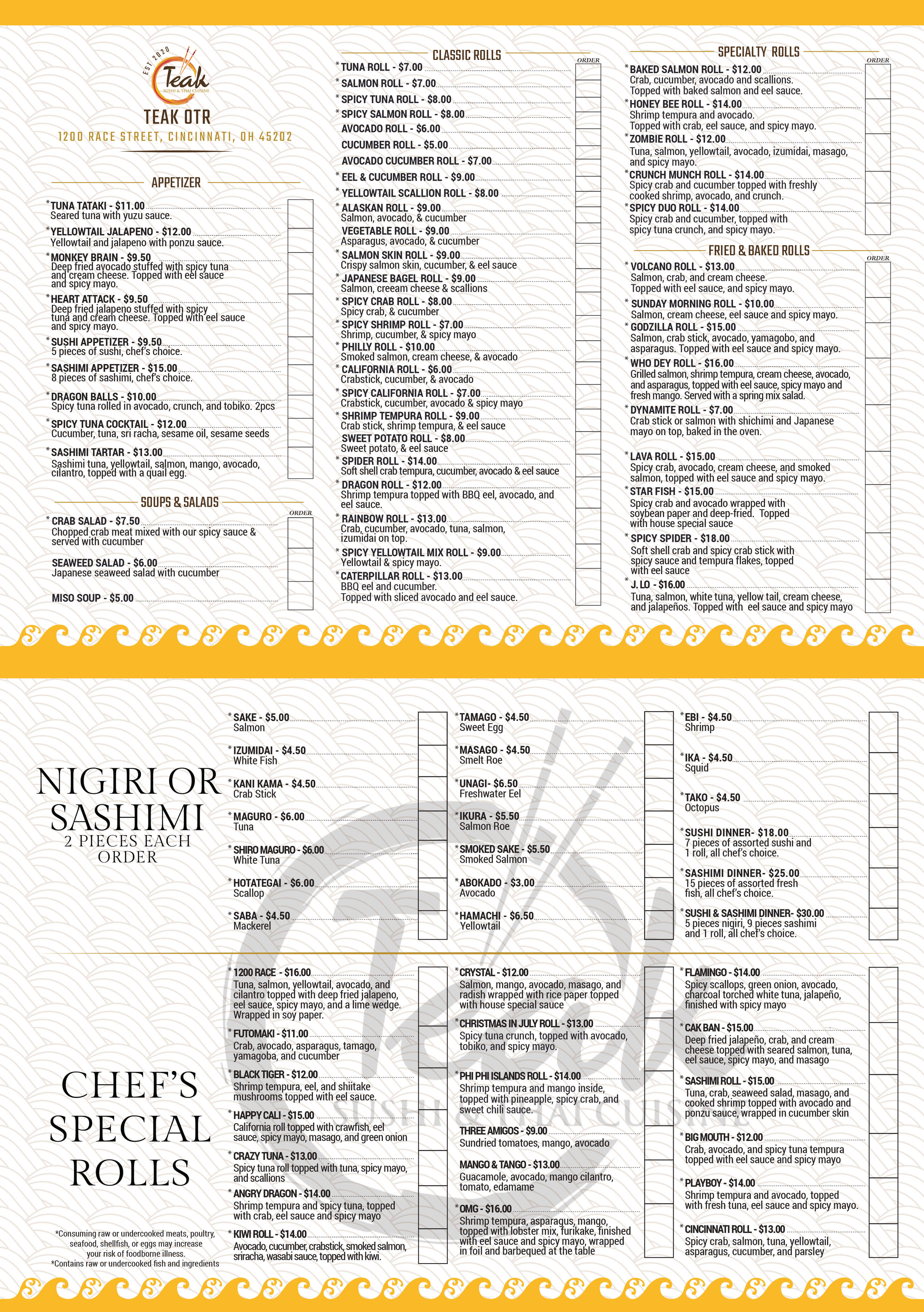 Teak OTR Sushi Menu