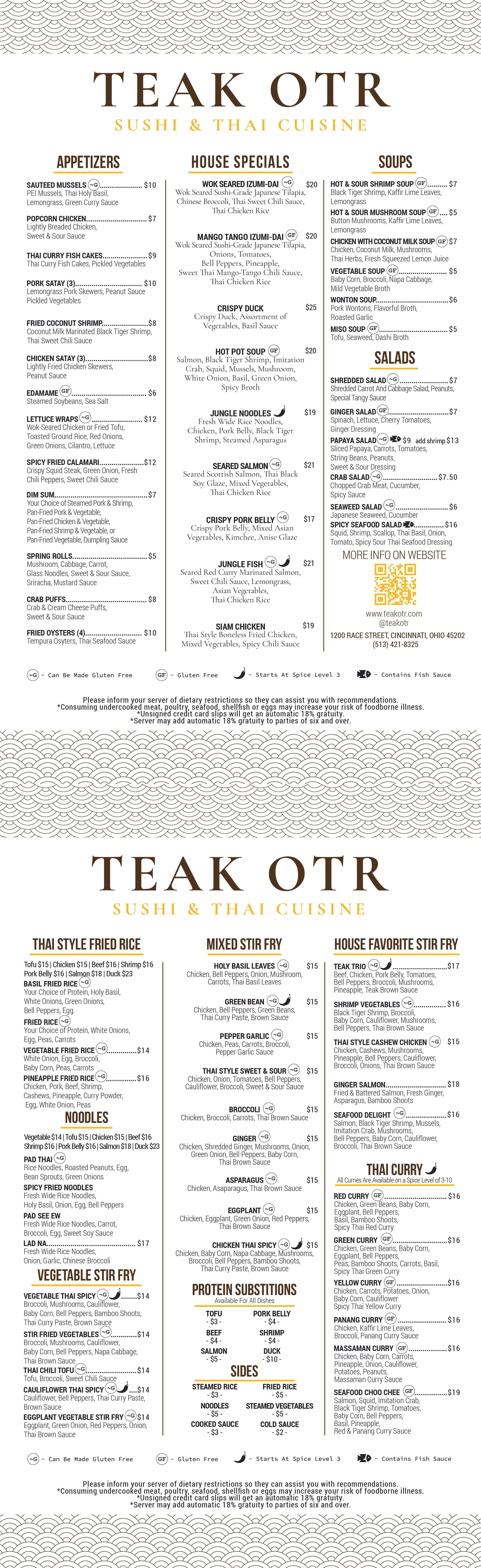 Teak OTR Dinner Menu